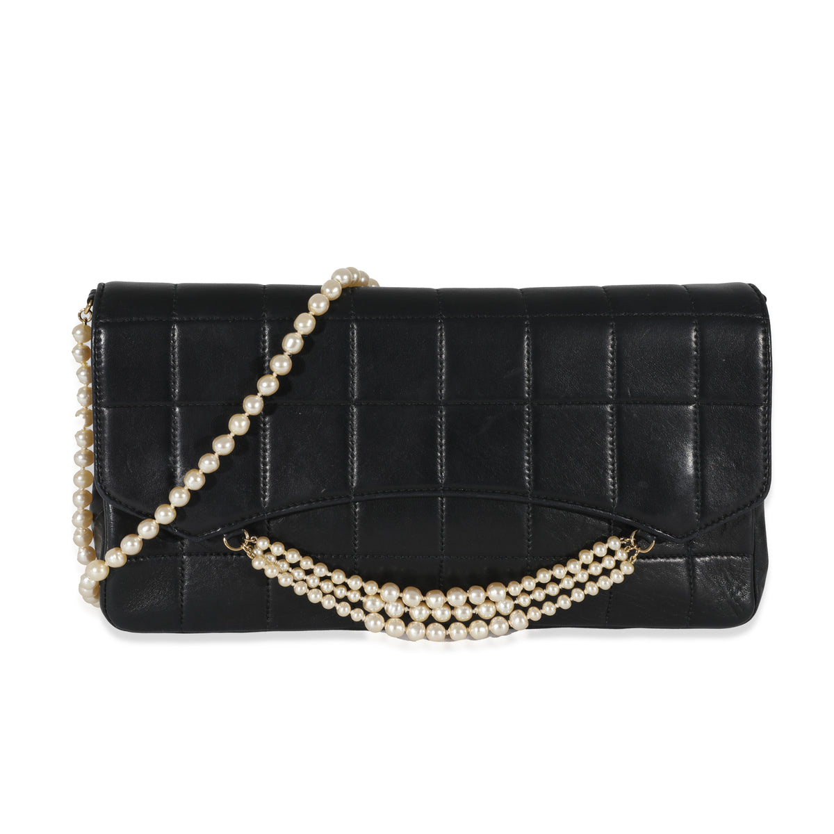 Chanel Vintage Black Lambskin Square Quilted Pearl Chain Clutch