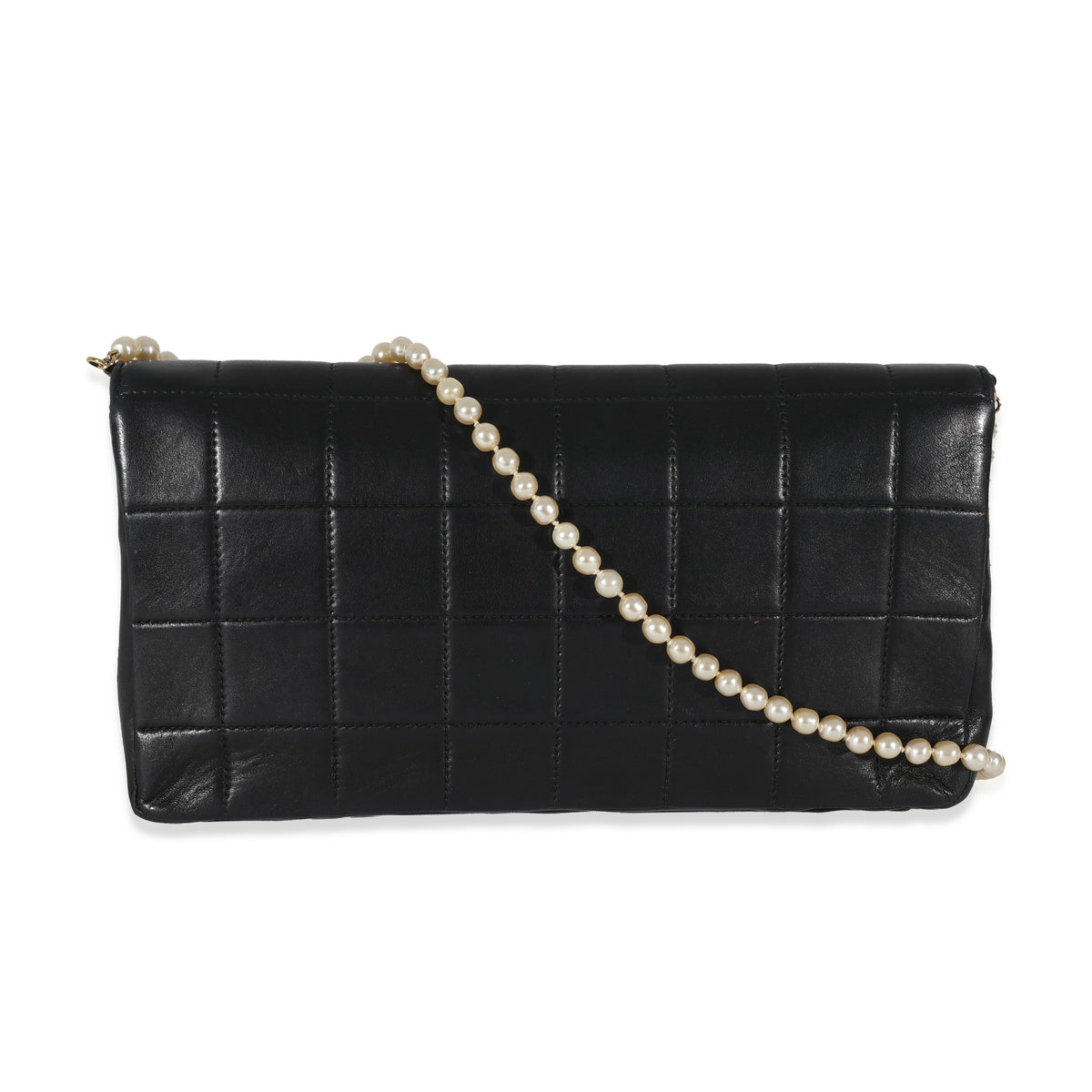 Chanel Vintage Black Lambskin Square Quilted Pearl Chain Clutch