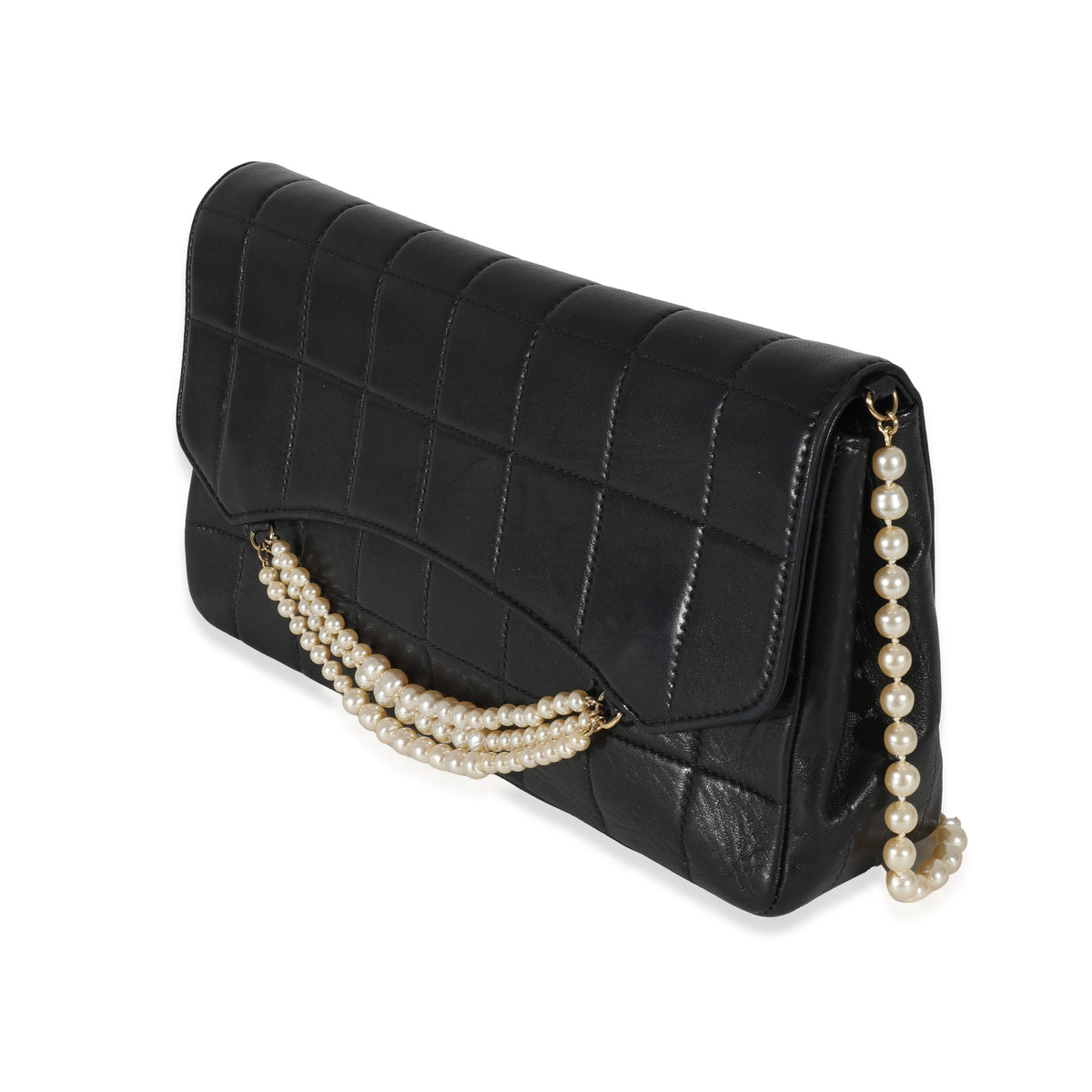 Chanel Vintage Black Lambskin Square Quilted Pearl Chain Clutch