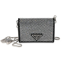 Prada Black Satin Crystal Card Holder With Chain