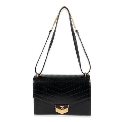 Chanel Black Calfskin Chevron Medal Flap Bag