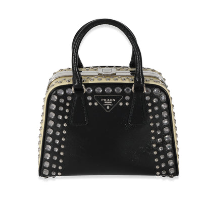 Prada Black White Saffiano Patent Pyramid Studded Frame Satchel