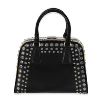 Prada Black White Saffiano Patent Pyramid Studded Frame Satchel