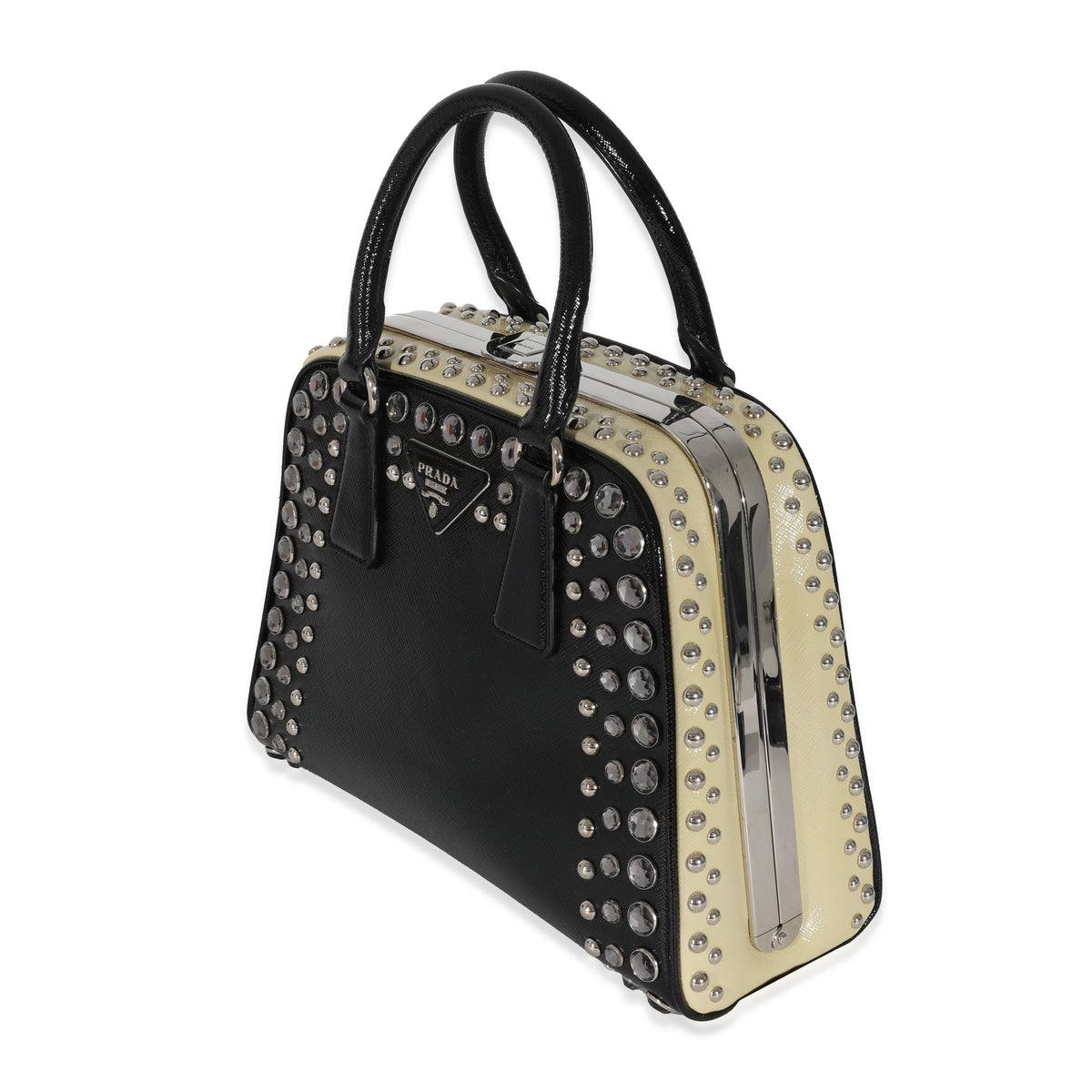 Prada Black White Saffiano Patent Pyramid Studded Frame Satchel