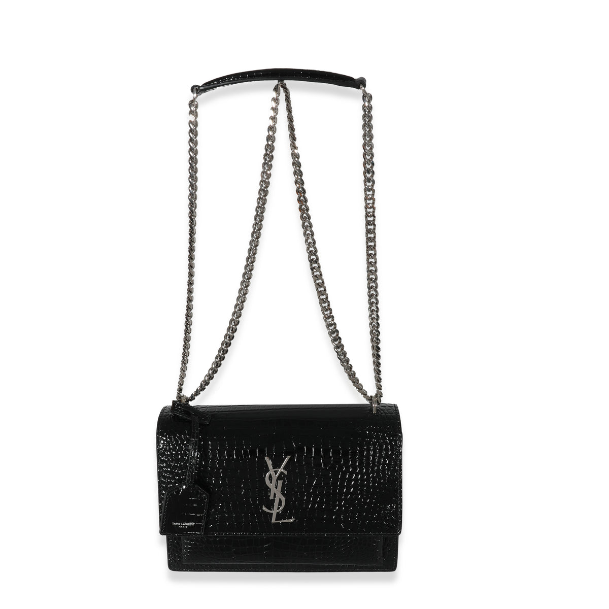 Saint Laurent Black Croc Embossed Medium Sunset Bag