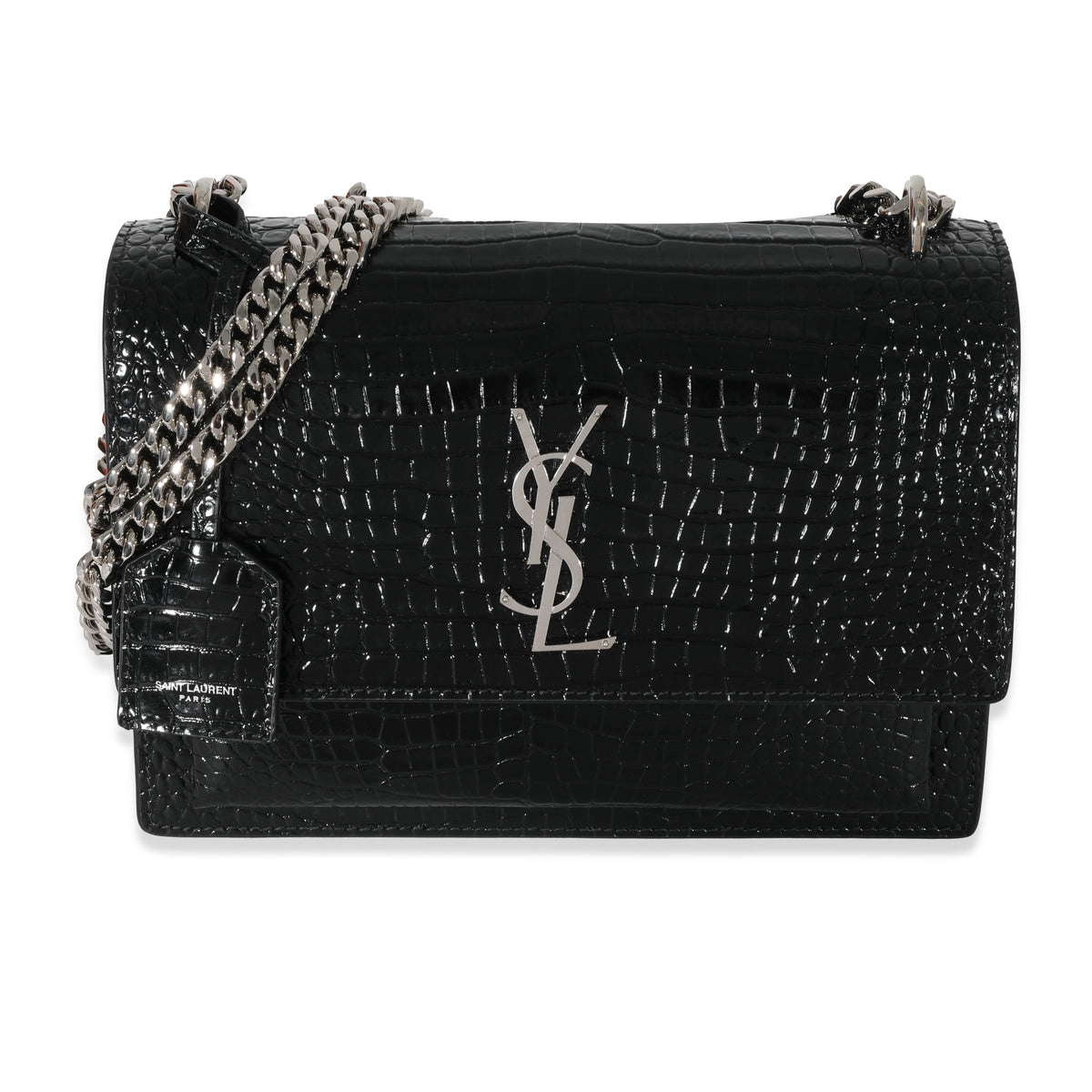 Saint Laurent Black Croc Embossed Medium Sunset Bag