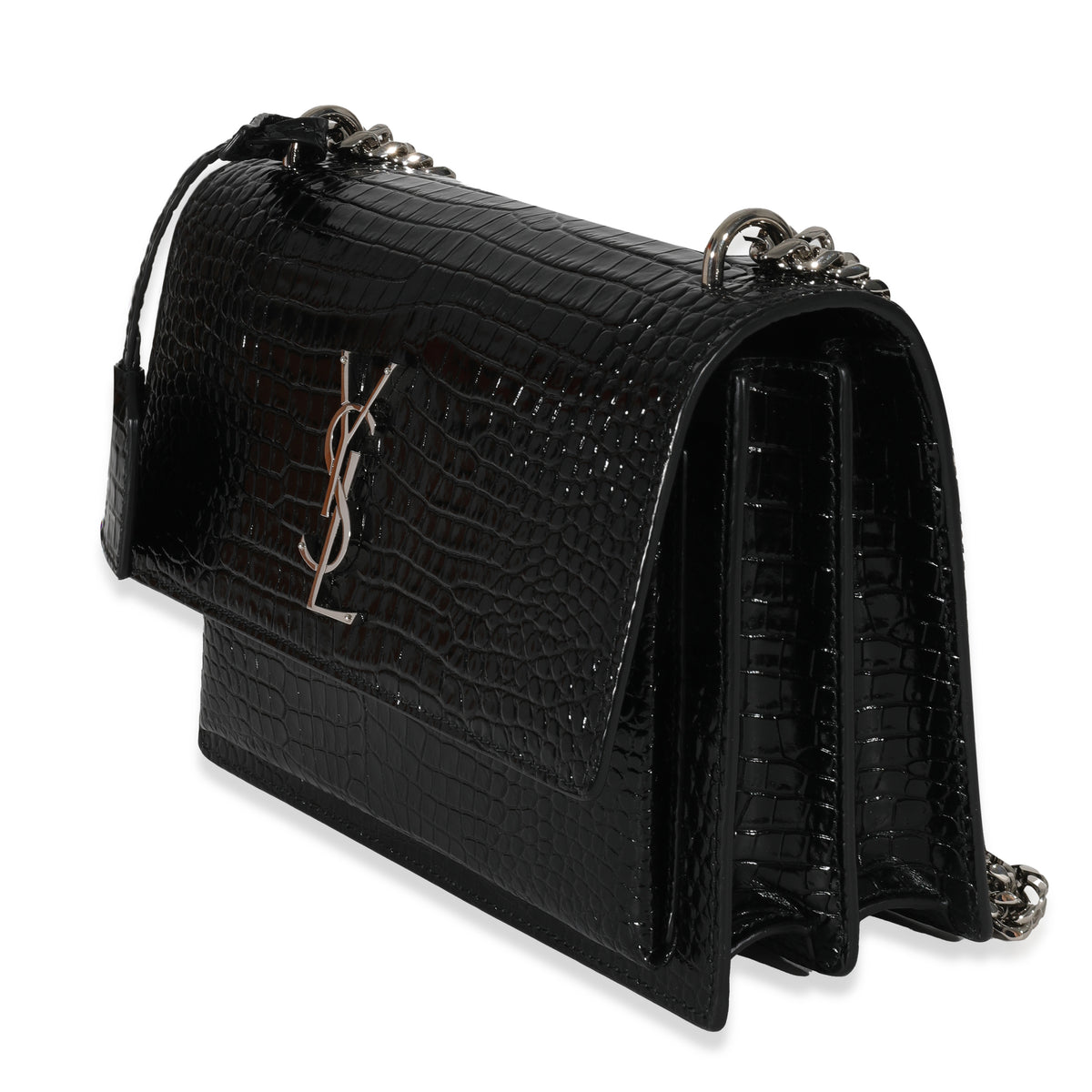 Saint Laurent Black Croc Embossed Medium Sunset Bag