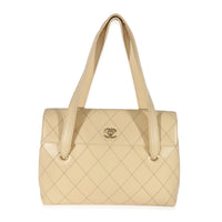 Chanel Vintage Beige Lambskin Whipstitch Quilted Tote