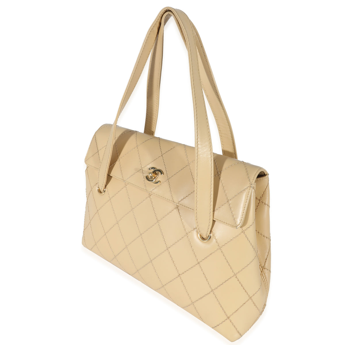 Chanel Vintage Beige Lambskin Whipstitch Quilted Tote