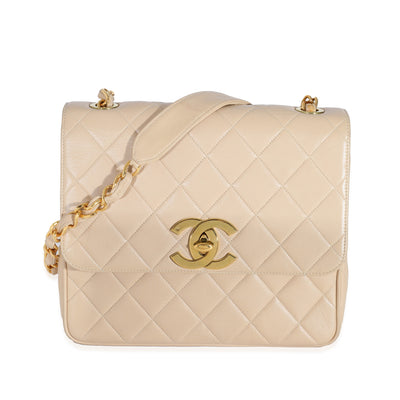 Chanel Vintage Beige Lambskin Jumbo 24k CC Square Flap Bag