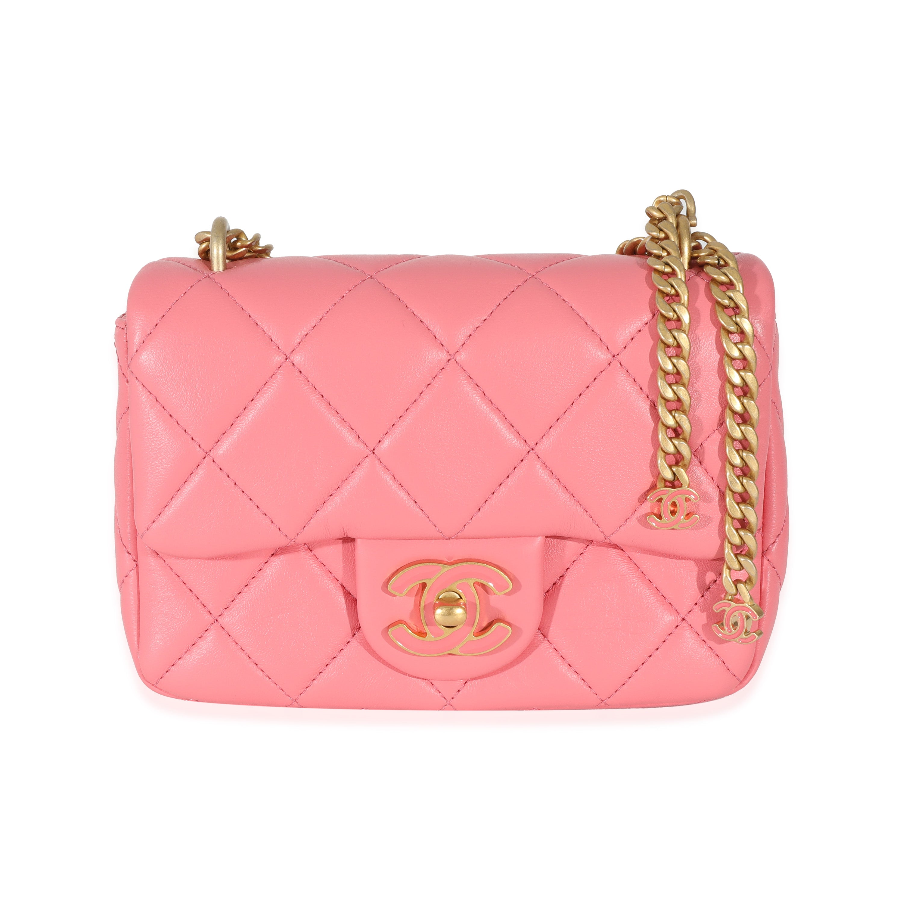 Chanel 22P Mini Square Flap Bag Lambskin Pink With Enamel And Gold Hardware  (Microchip)