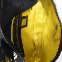 Fendi Navy Denim Yellow Flower Raffia Embroidered Baguette Bag