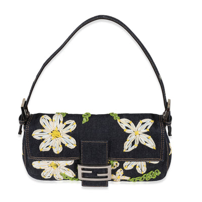 Fendi Navy Denim Yellow Flower Raffia Embroidered Baguette Bag