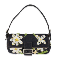 Fendi Navy Denim Yellow Flower Raffia Embroidered Baguette Bag