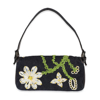 Fendi Navy Denim Yellow Flower Raffia Embroidered Baguette Bag