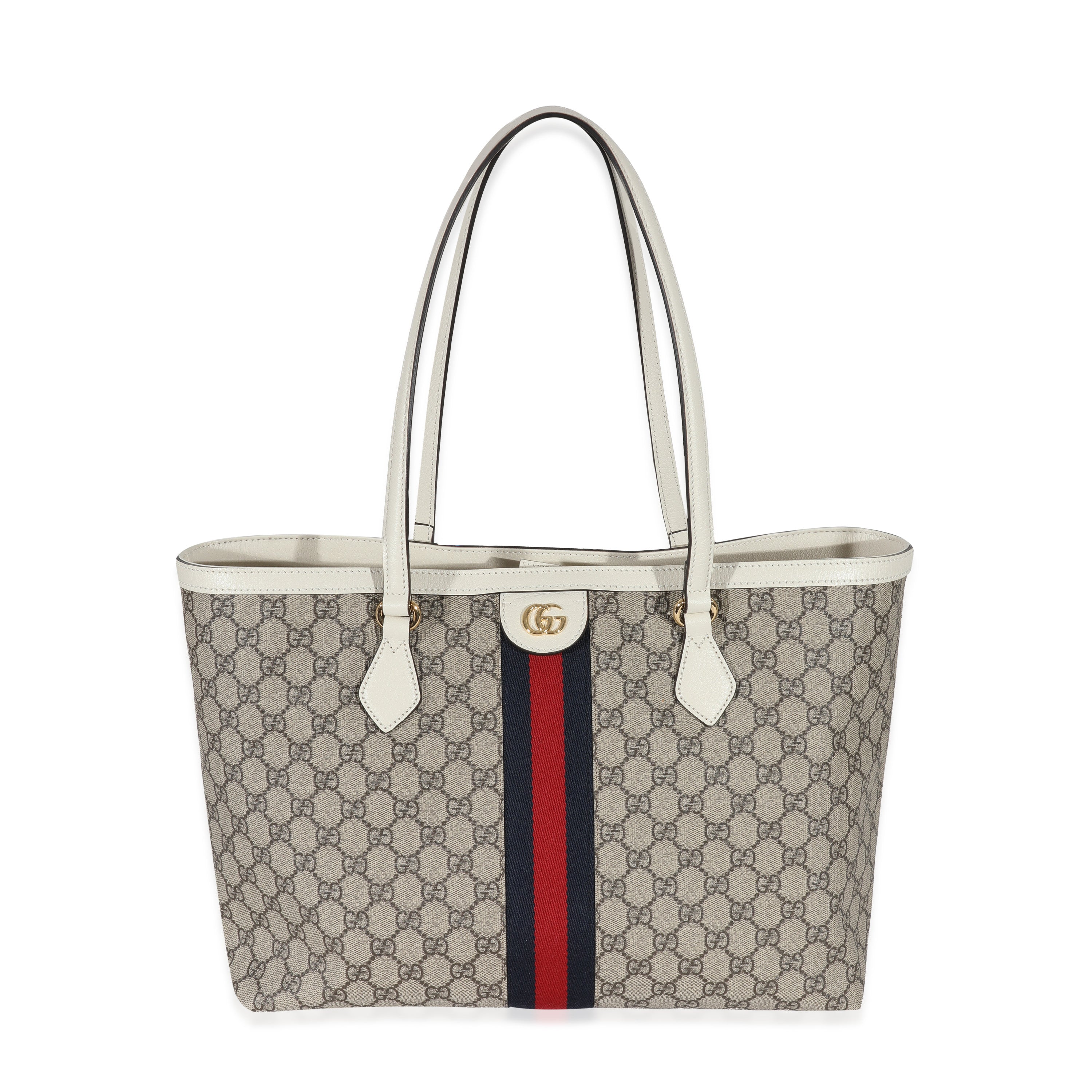 Gucci Beige GG Supreme White Leather Medium Ophidia Tote | myGemma