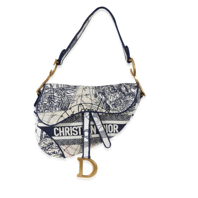 Christian Dior Navy White Embroidered Canvas Around The World Saddle Bag