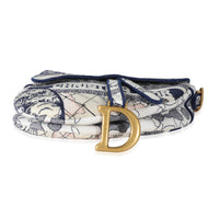 Christian Dior Navy White Embroidered Canvas Around The World Saddle Bag