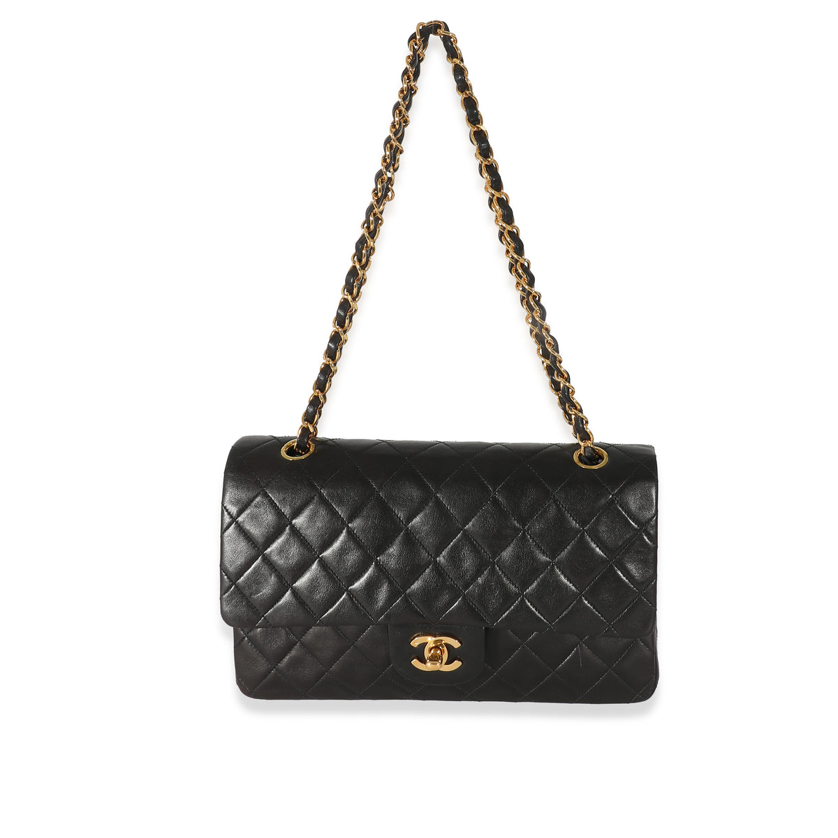 Chanel Vintage 24k Black Lambskin Medium Classic Double Flap Bag