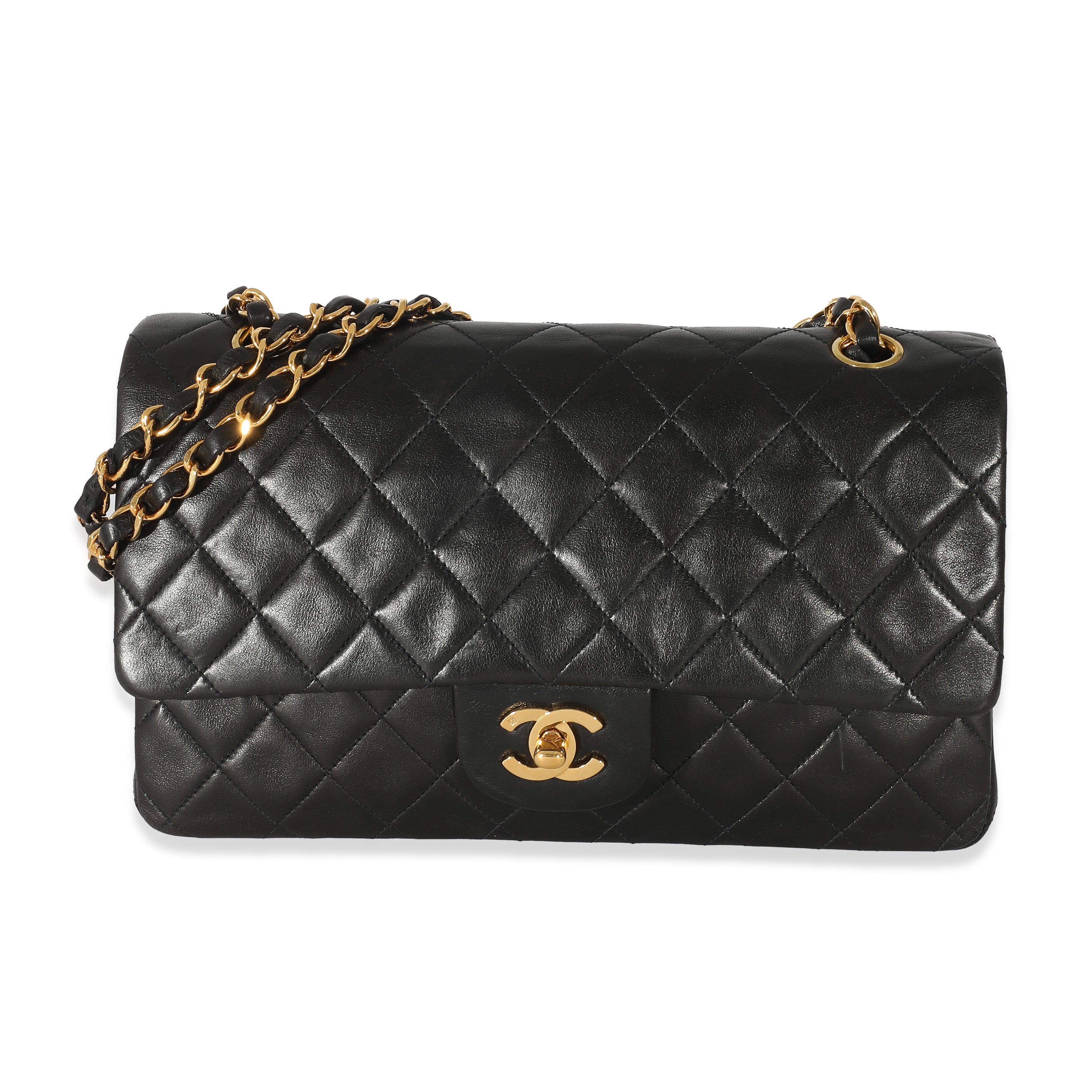 Chanel Vintage 24k Black Lambskin Medium Classic Double Flap Bag