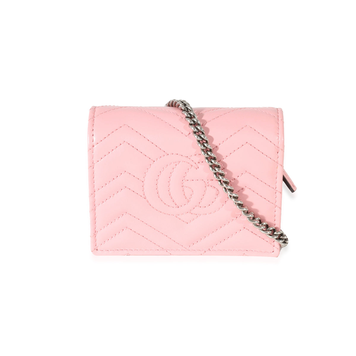 Gucci Pink Matelasse GG Marmont Card Case On Chain