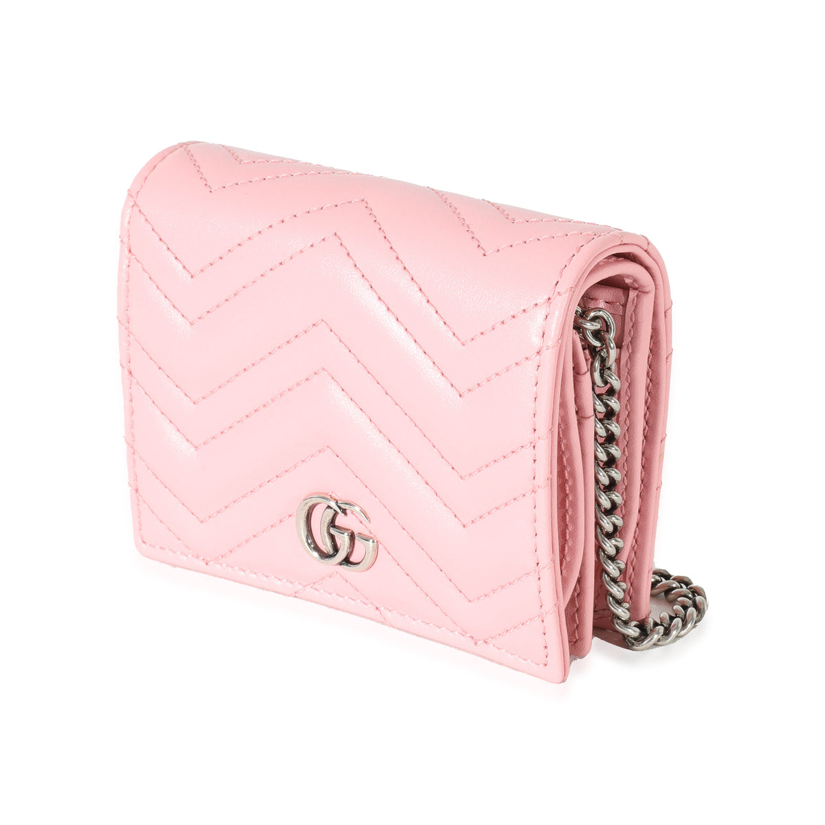 Gucci Pink Matelasse GG Marmont Card Case On Chain