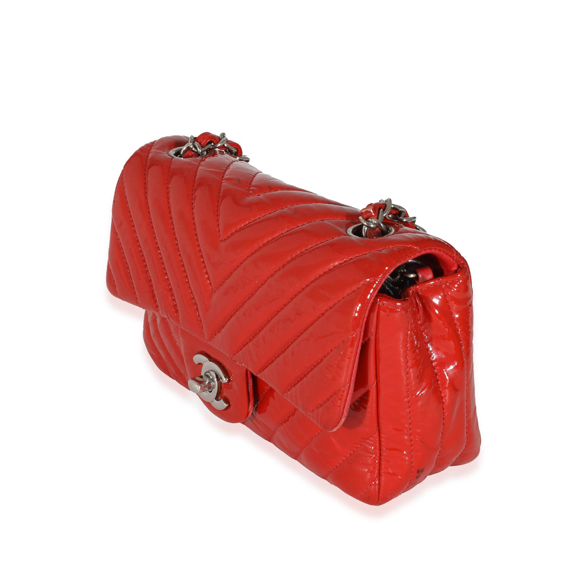 Chanel Red Patent Chevron Mini Rectangular Classic Flap