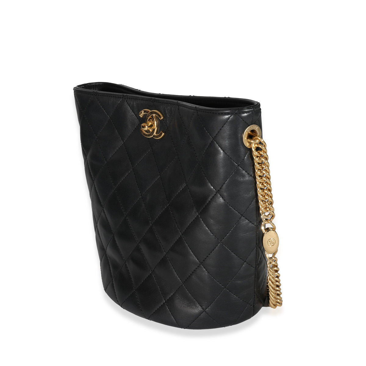 Chanel black bucket bag with logo on the front and gold detail