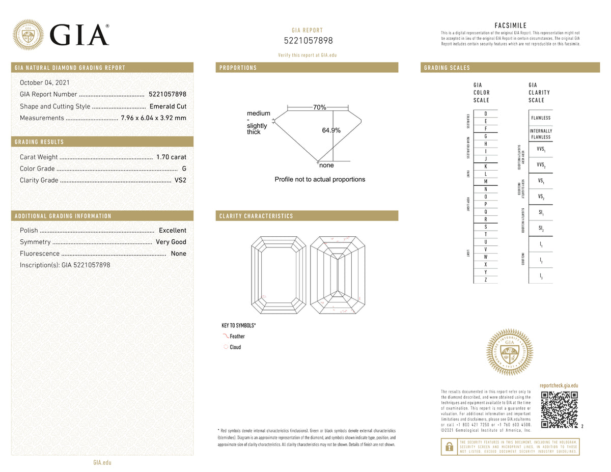 GIA Certified 1.70 Ct Emerald cut G VS2 Loose Diamond