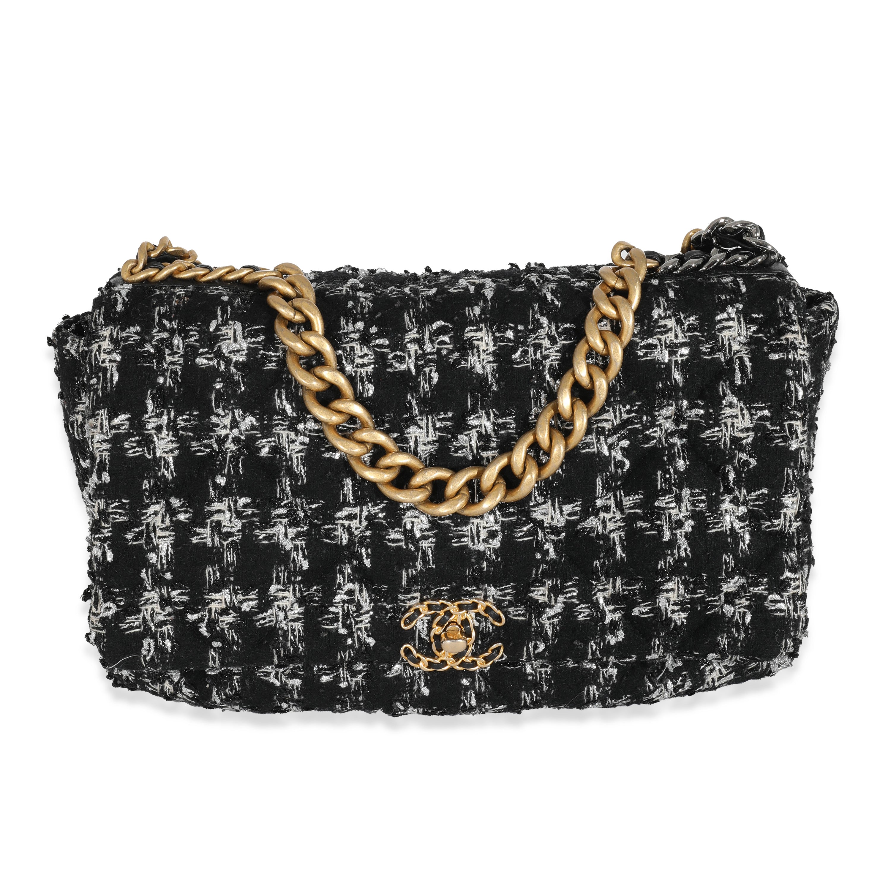 Chanel Black White Metallic Houndstooth Tweed Chanel 19 Maxi Flap Bag