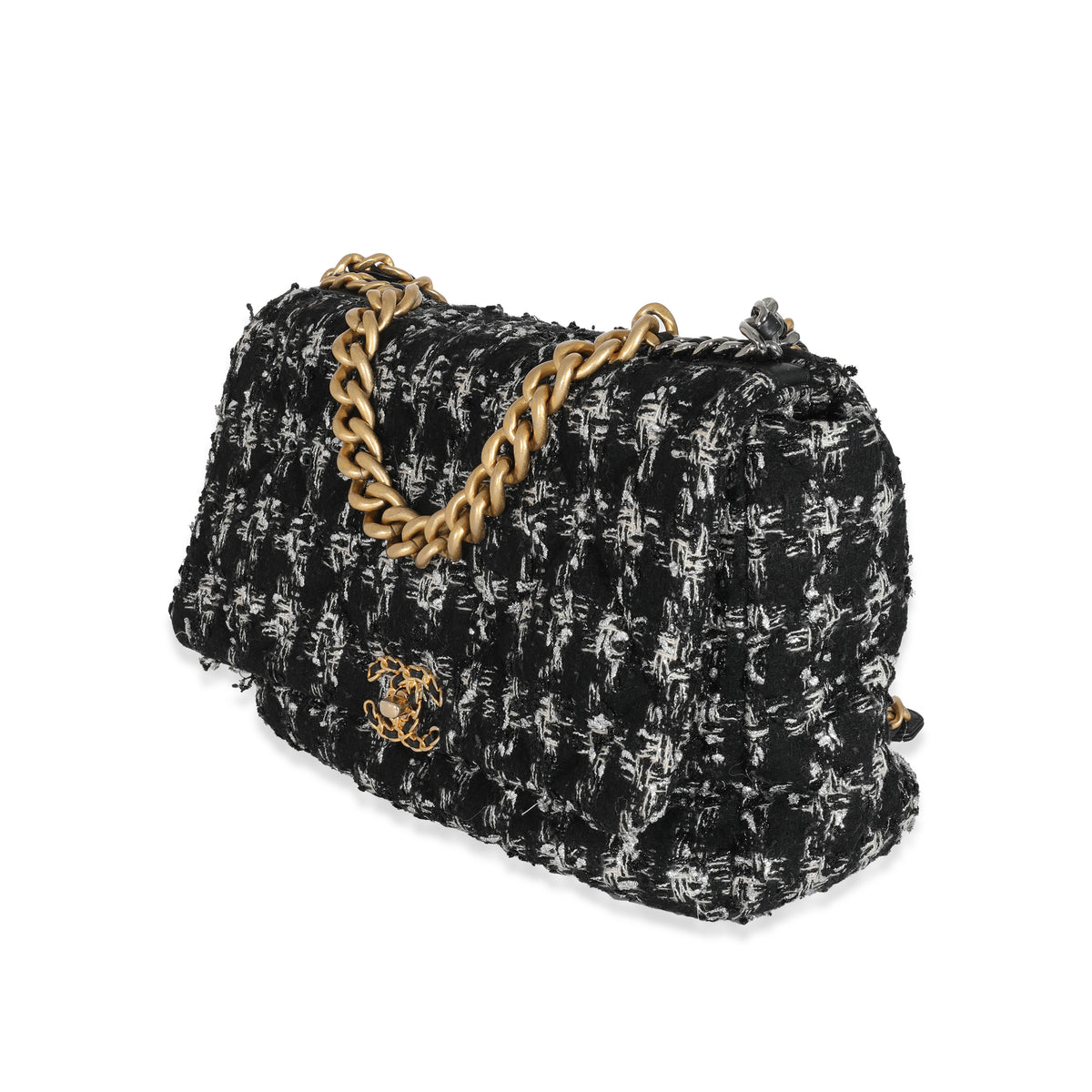 Chanel Black White Metallic Houndstooth Tweed Chanel 19 Maxi Flap Bag, myGemma