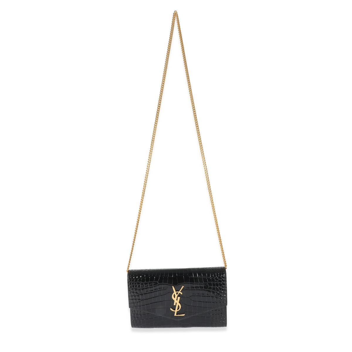 Saint Laurent Black Croc Embossed Uptown Envelope Chain Wallet