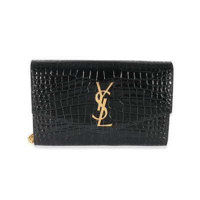 Saint Laurent Black Croc Embossed Uptown Envelope Chain Wallet