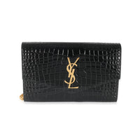 Saint Laurent Black Croc Embossed Uptown Envelope Chain Wallet