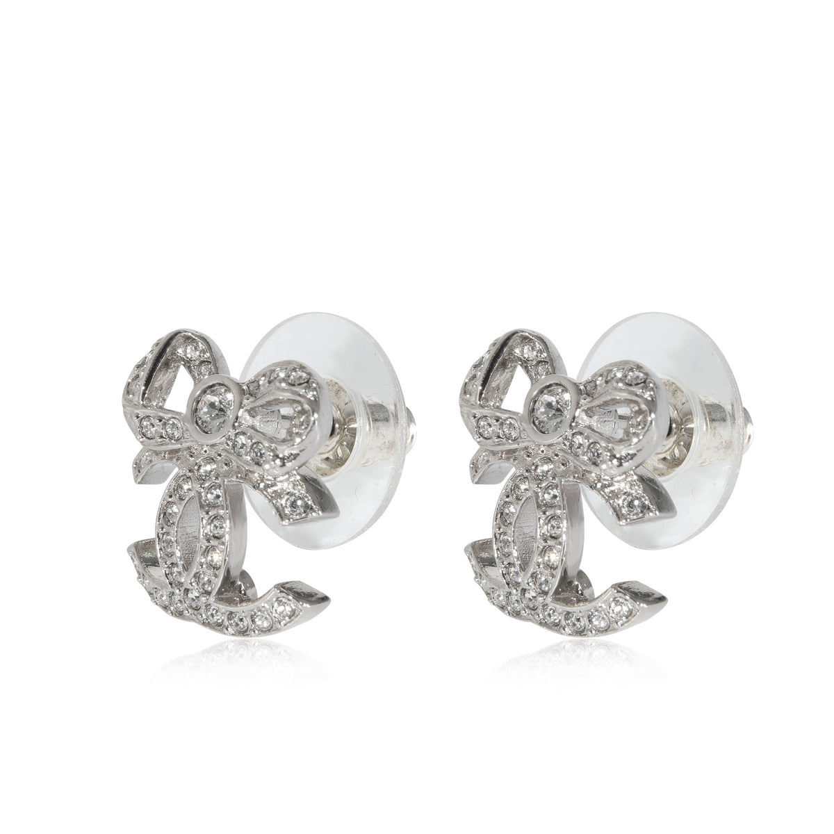 Chanel Silver Toned  2022 CC Bow Strass Earrings