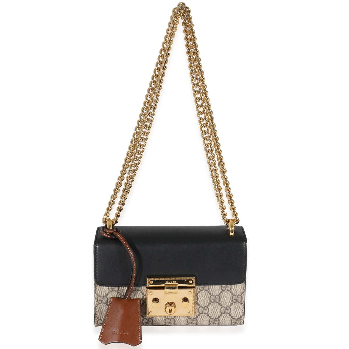 Gucci Beige GG Supreme Black Leather Small Padlock Chain Bag