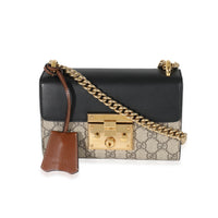 Gucci Beige GG Supreme Black Leather Small Padlock Chain Bag