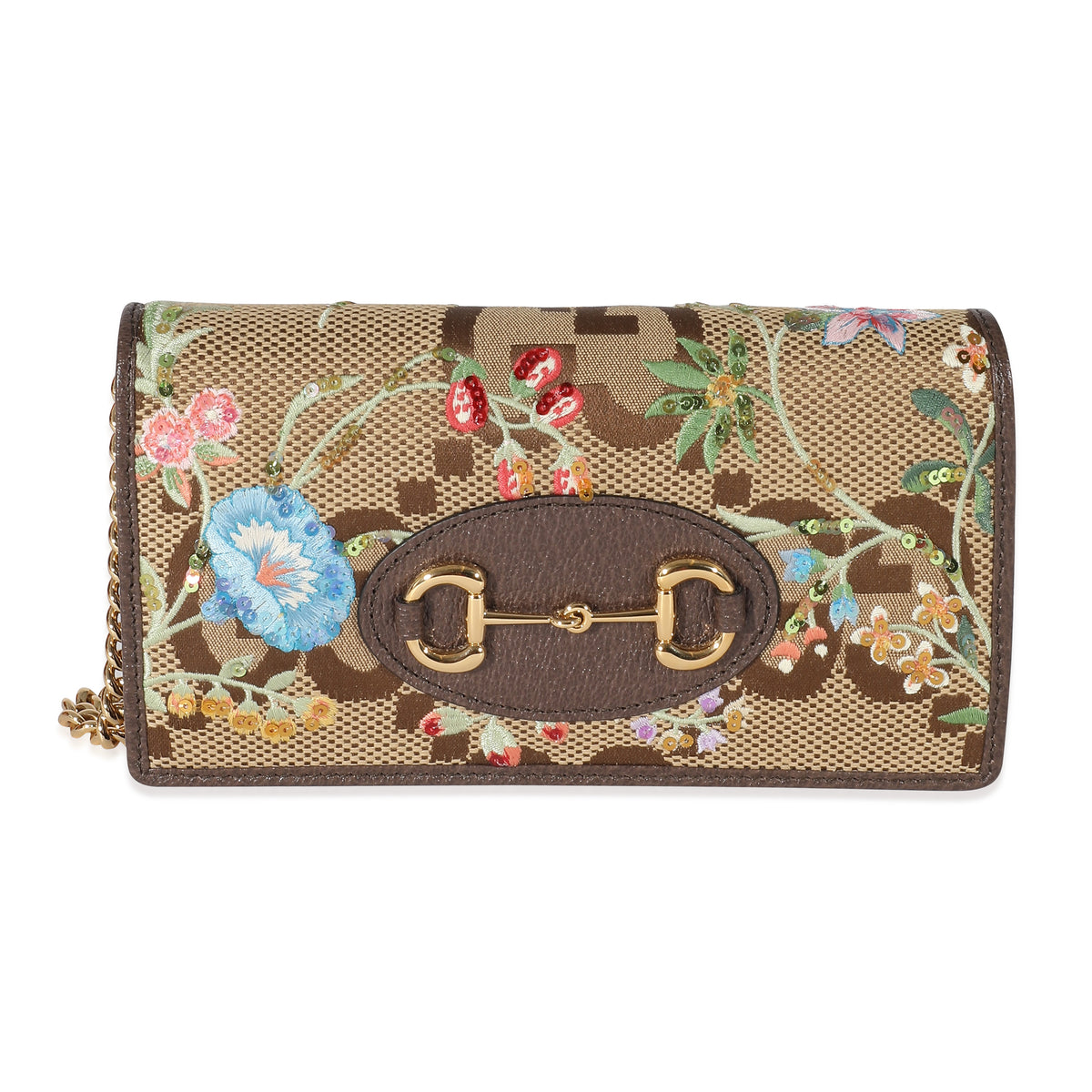 Gucci Monogram Jumbo GG Embroidered Horsebit 1955 Wallet On Chain