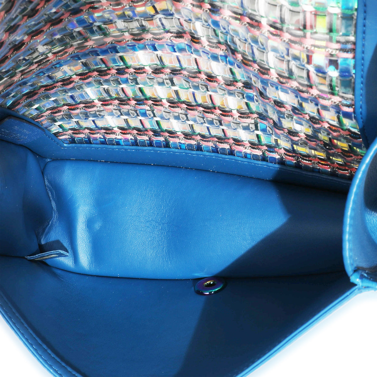 Chanel PVC Multi Colored Woven Blue Lambskin Old Medium Boy Bag
