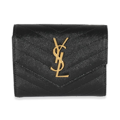 Saint Laurent Black Grain De Poudre Matelassé Cassandre Compact Trifold Wallet