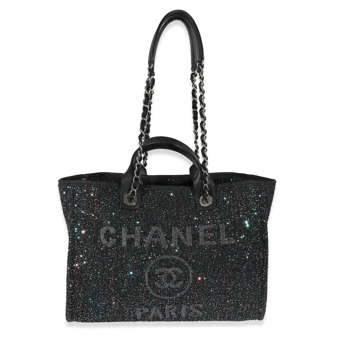 Chanel Black Leather Multicolor Sequin Large Deauville Tote