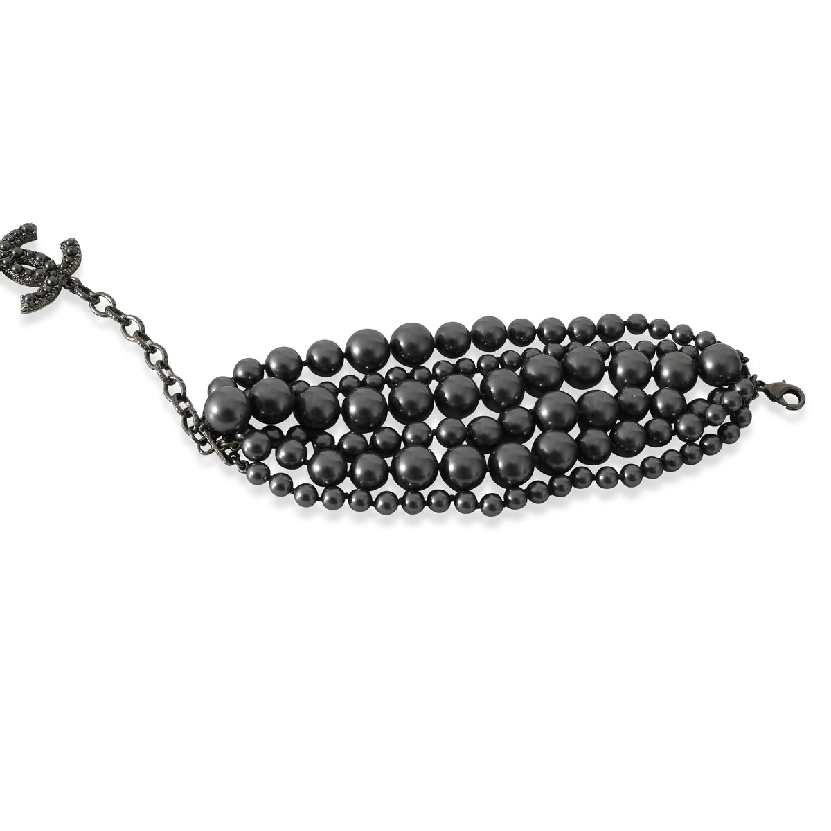 Chanel 2014 Grey Faux Pearl Multi Strand Bracelet With CC Charm in Ruthenium