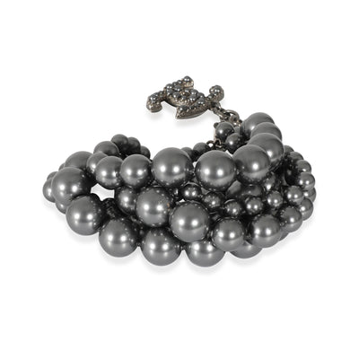 Chanel 2014 Grey Faux Pearl Multi Strand Bracelet With CC Charm in Ruthenium