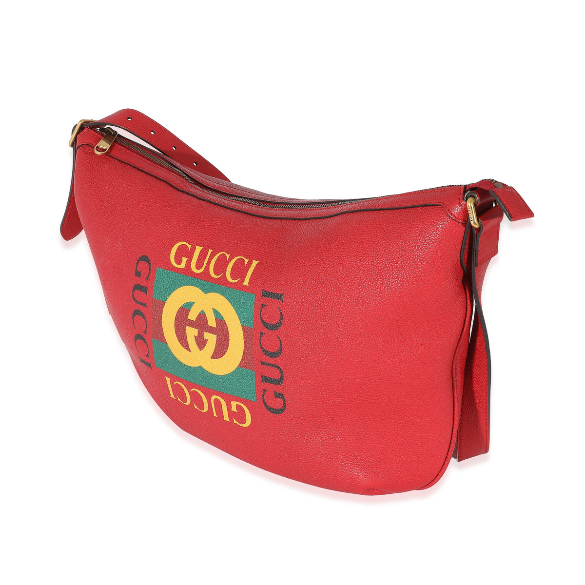 Gucci Red Grained Calfskin Logo Half Moon Hobo