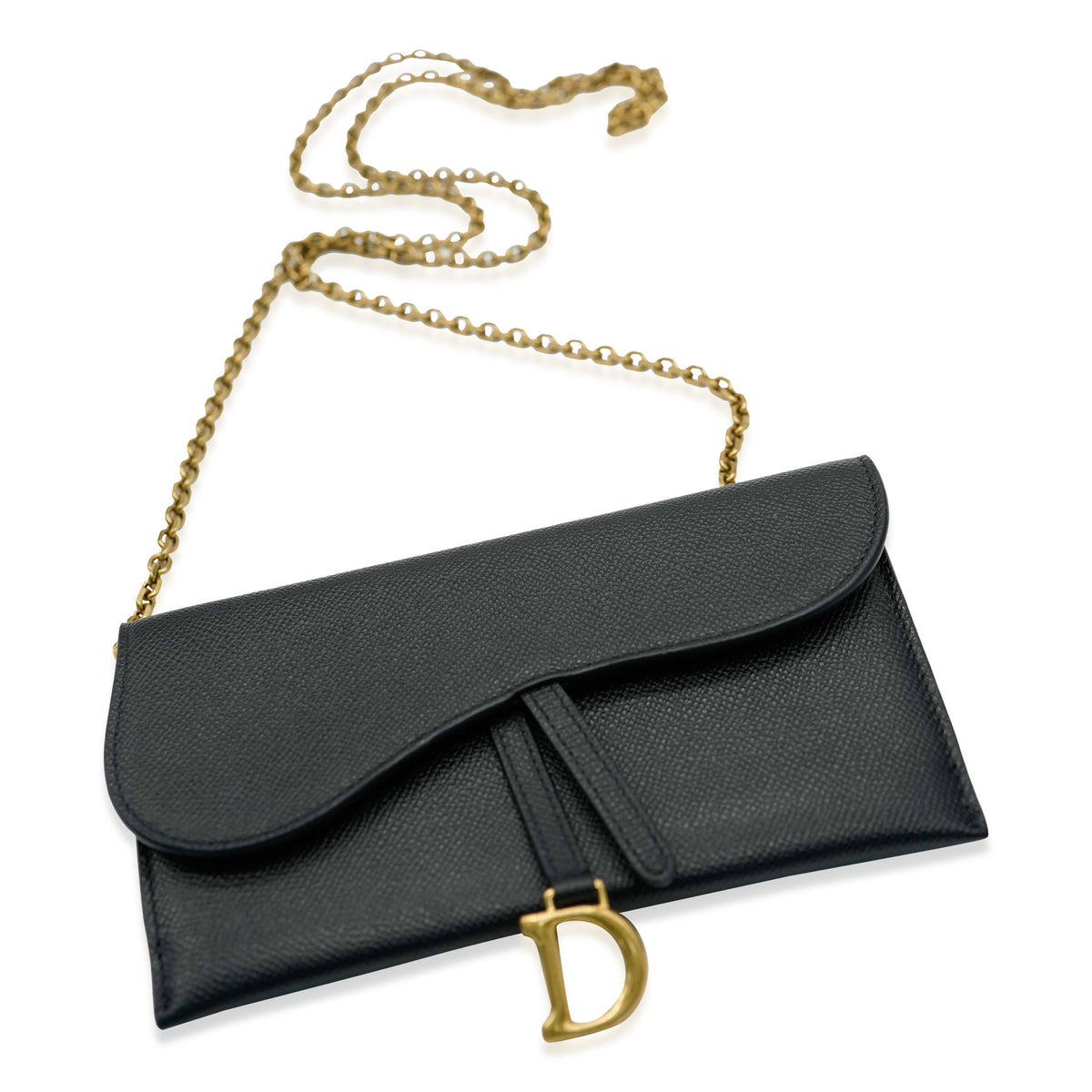 Christian Dior Black Grained Calfskin Saddle Long Chain Wallet