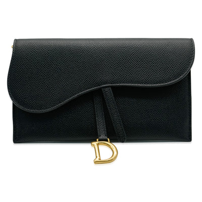 Christian Dior Black Grained Calfskin Saddle Long Chain Wallet