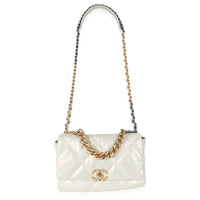 Chanel White Iridescent Calfskin Medium Chanel 19 Flap Bag