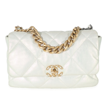 Chanel White Iridescent Calfskin Medium Chanel 19 Flap Bag