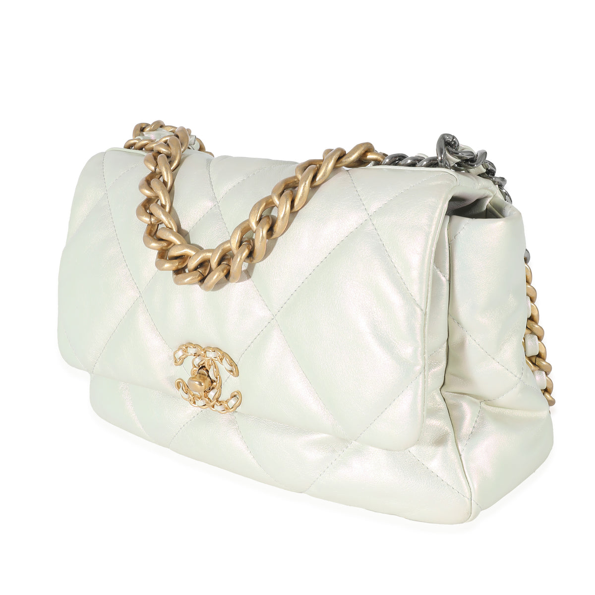 Chanel White Iridescent Calfskin Medium Chanel 19 Flap Bag, myGemma, DE