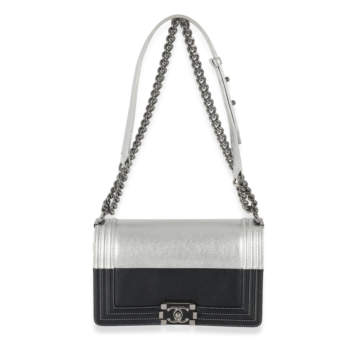 Chanel Black & Metallic Silver Leather Medium Boy Bag